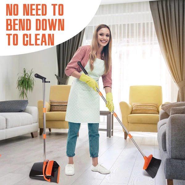 Broom and Dustpan Set with Long Handle Stainless Steel Poles Black/Orange