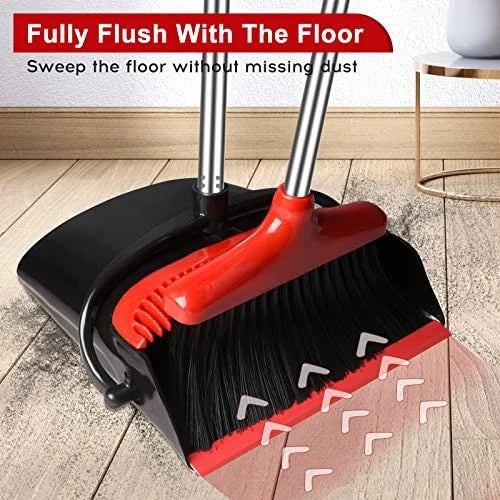 Broom and Dustpan Set for Home, Upright 55" Long Handle Brooms with Dustpan Red