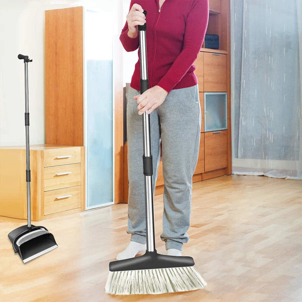 Rotatable Broom and Dust Pan Cleaning Set Dustpan Combo Upright Stand Up Black