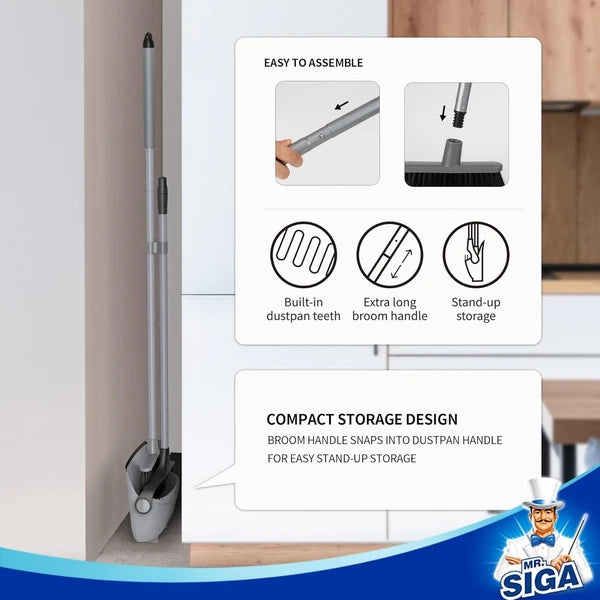 Broom and Dustpan Set with Adjustable Long Handle, Upright Combo for Floor
