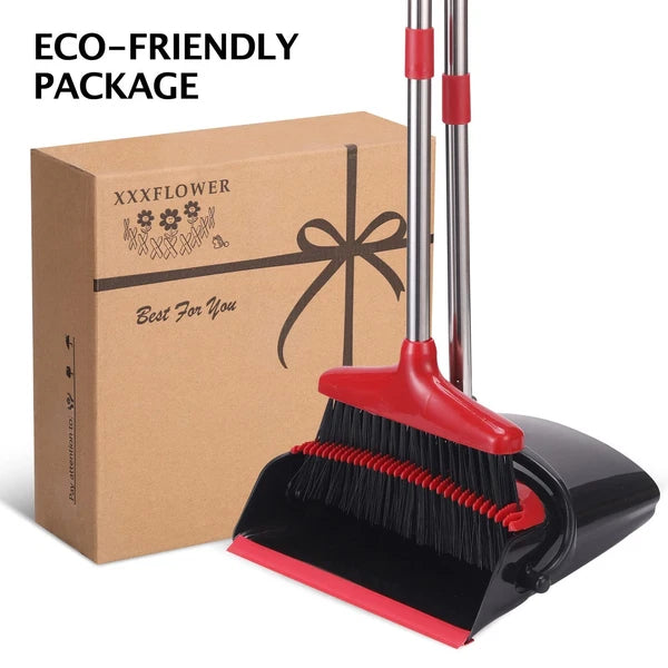 Broom and Dustpan Set with Long Handle Light Weight Stainless Steel Poles Stand