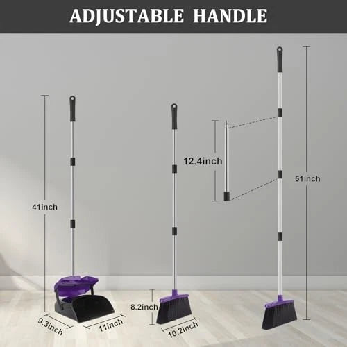 Broom and Dustpan Set, 51" Long Handle Broom with Dustpan Combo Set, Purple