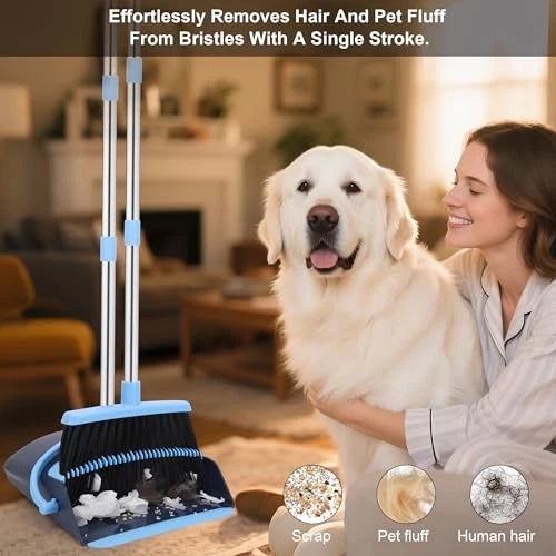 Broom and Dustpan Set for Home 2025 Indoor Outdoor Broom with Dustpan Blue