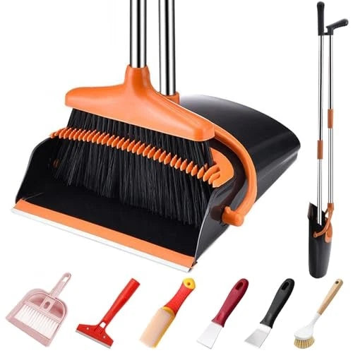 Broom and Dustpan Set with Long Handle and 6 Bonus Cleaning 45.3IN Orange&black