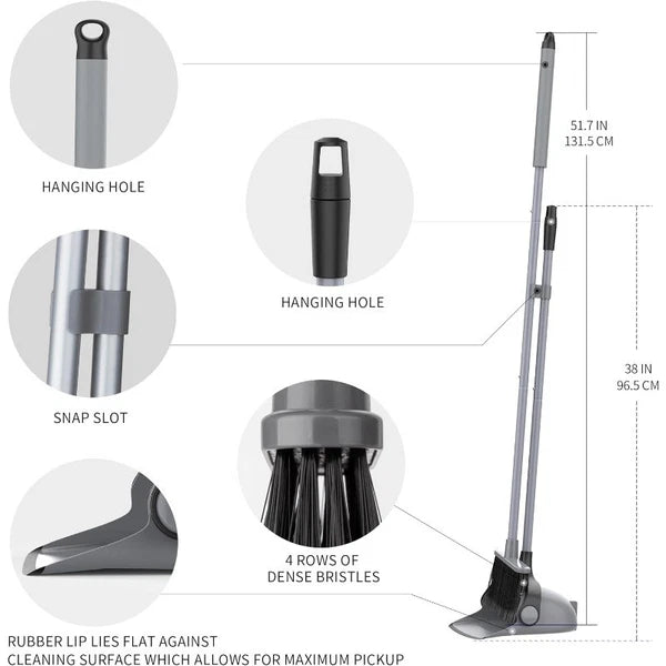 Broom and Dustpan Set with Adjustable Long Handle, Upright Combo for Floor