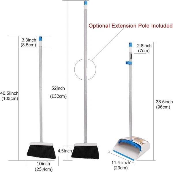 Broom and Dustpan Set Metal Plastic 40.5"-52" Long Handle Easy Floor Cleaning