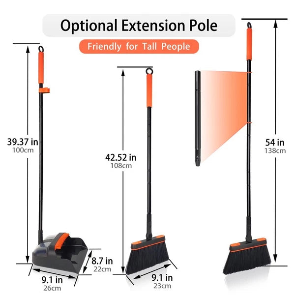 54 Inches Long Handle Broom and Dustpan Set for Home (Black Orange)