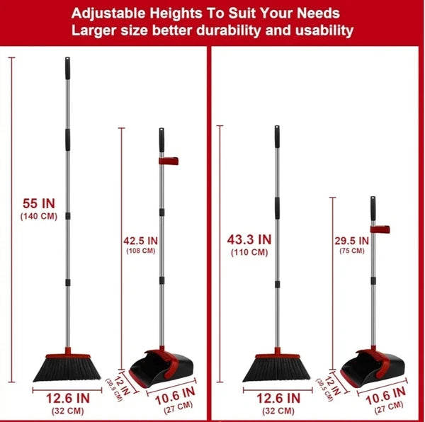 Broom and Dustpan Set, 55 Inch Long Stainless-Steel Handle, Red And Black  (Z)