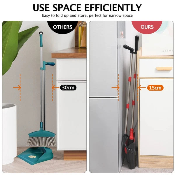 Broom and Dustpan Set with Long Handle Light Weight Stainless Steel Poles Stand