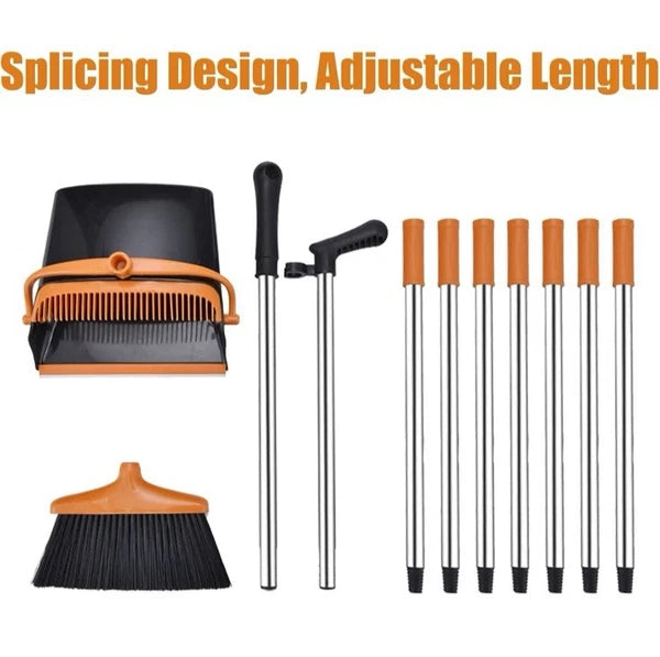 Broom and Dustpan Set, Self-Cleaning, Indoor Outdoor Use, Black/Orange