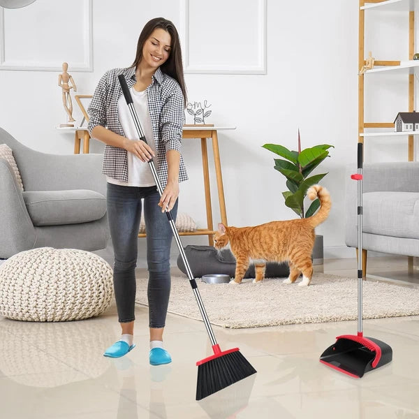 52 Inch Broom and Dustpan Set Adjustable Handle Dustpan Teeth Hair Cleaner