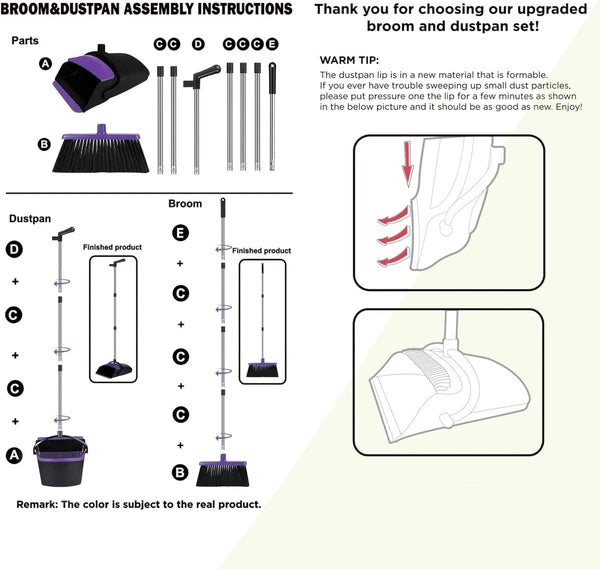 Broom and Dustpan Set, Upright Purple Broom with Dustpan Combo Set 51" Long Hand
