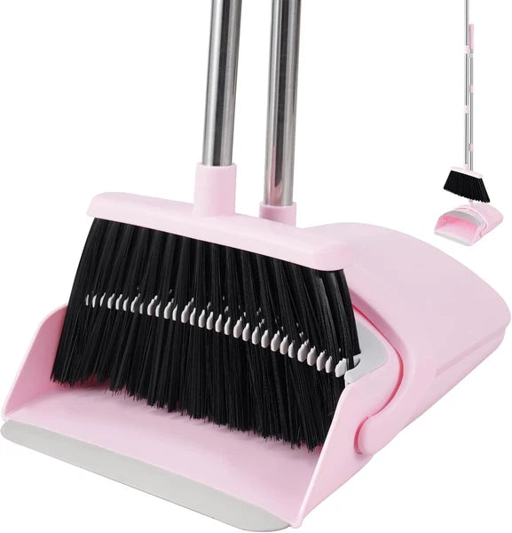 Pink Broom and Dustpan Set, Adjustable Handle Broom and Dustpan Combo Set