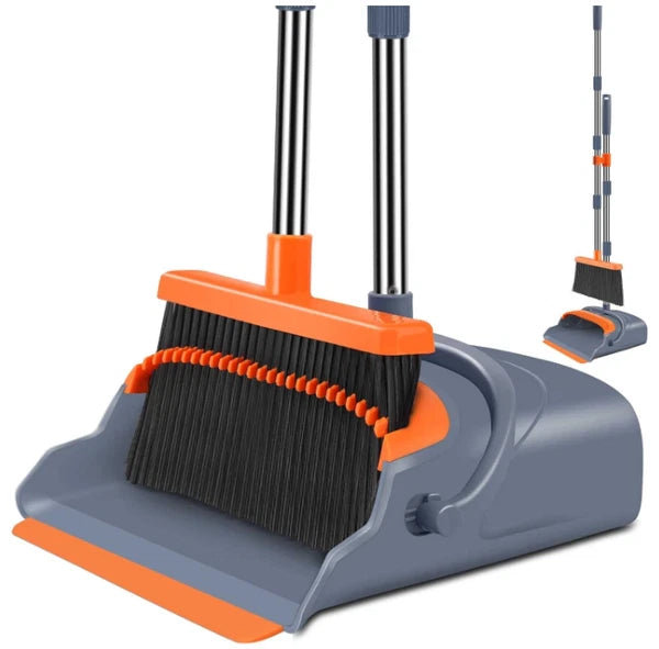 Broom and Dustpan Set, Self-Cleaning, Indoor Outdoor Use, Pets Home, Gray/Orange