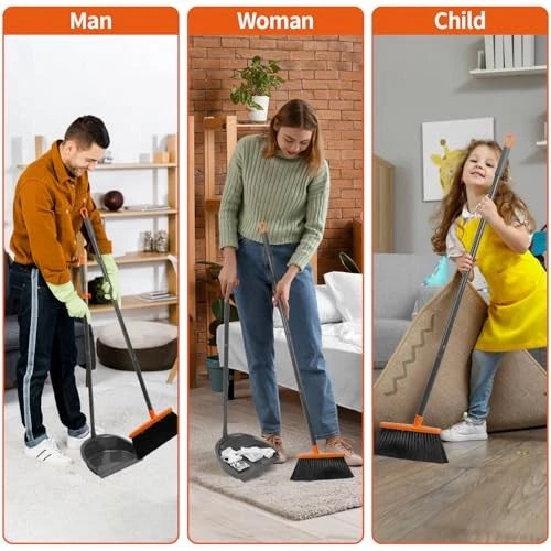 Long Handle Broom with Dustpan Combo Set for Office Home Kitchen Lobby Orange