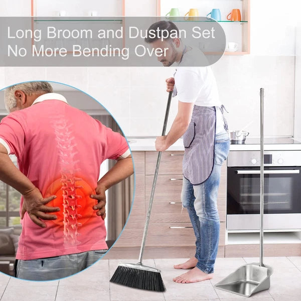 Heavy Duty Stainless Steel Broom and Dustpan Set with Long Handle