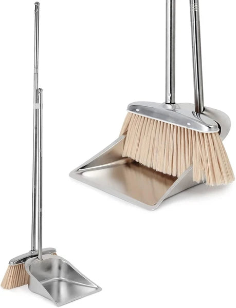 Broom and Dustpan Set for Home, Stainless Steel with Long Handle, Duty Dustpan