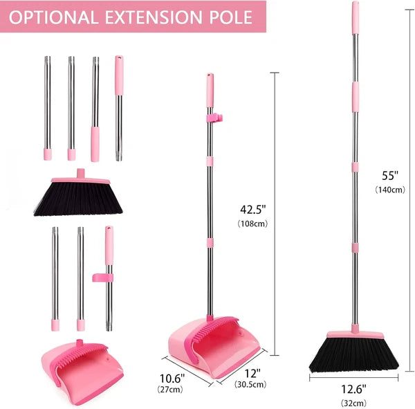 Pink Broom & Dustpan Set – Long Handle Heavy Duty Combo for Home & Office