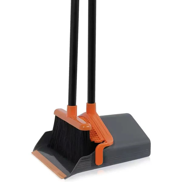 Broom and Dustpan Set with 50" Long Handle for Home Kitchen, Black/Orange
