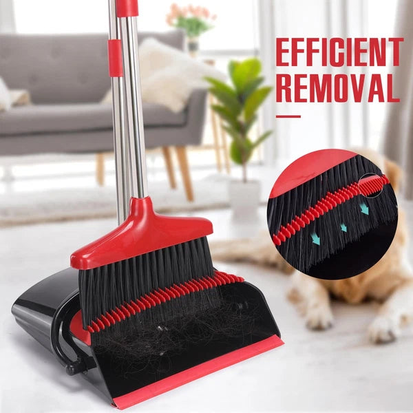 Broom and Dustpan Set with Long Handle Light Weight Stainless Steel Poles Stand