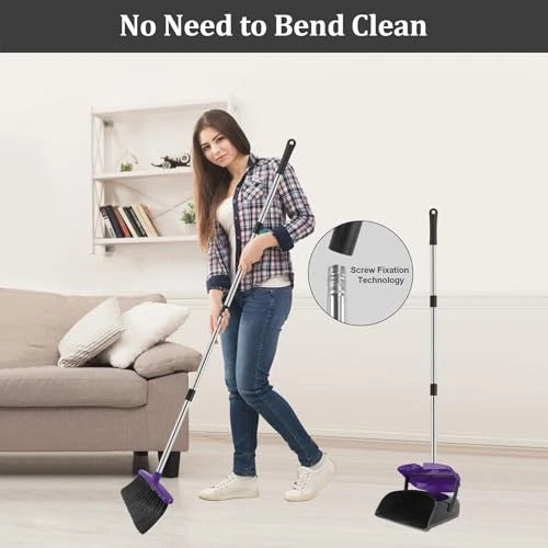 Broom and Dustpan Set, 51" Long Handle Broom with Dustpan Combo Set, Purple