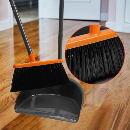 Long Handle Broom with Dustpan Combo Set for Office Home Kitchen Lobby Orange