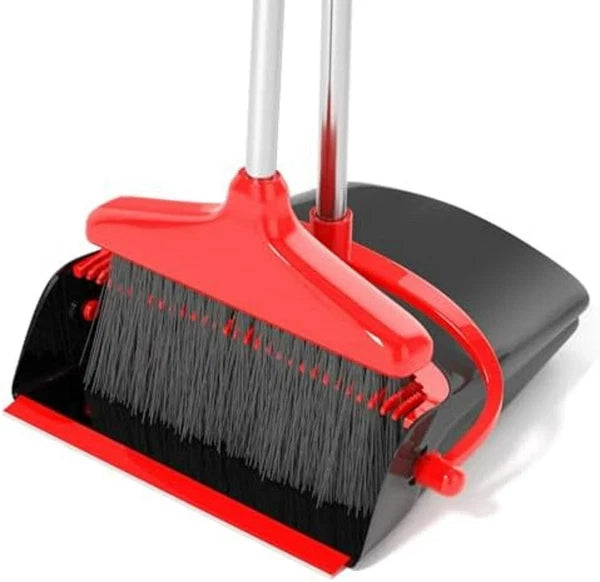 Broom and Dustpan Set for Home, Upgrade 52" Long Handle with Stand Up A Red