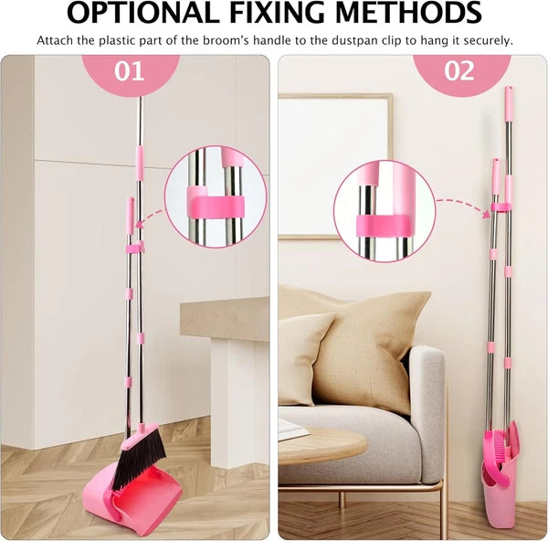 Pink Broom & Dustpan Set – Long Handle Heavy Duty Combo for Home & Office