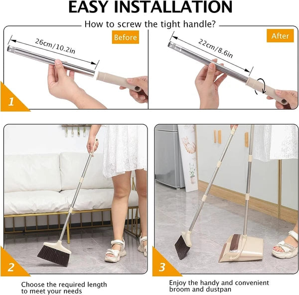 Broom and Dustpan Set with Long Handle, Light Weight Stainless Steel Poles