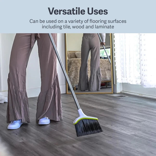 Basics 2 Piece Angled Broom Dustpan Set 44 Inch Long Handle Silver Green