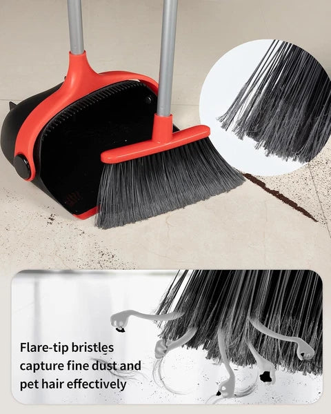 Broom and Dustpan Set with Adjustable Long Handle, Upright Combo for Floor