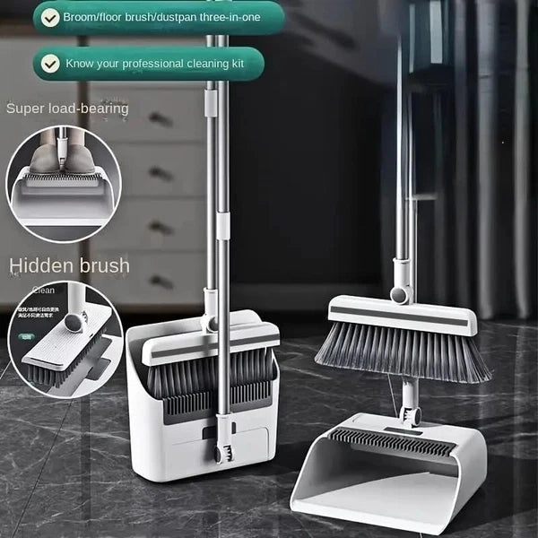 3 in 1Broom and Dustpan Set with Garbage Bags, Broom Dust pan with Long Handle,