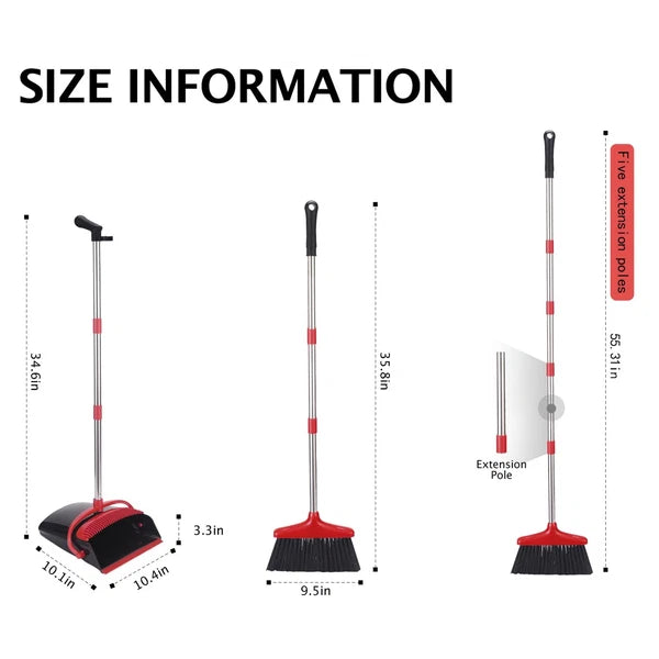 Broom and Dustpan Set with Long Handle Light Weight Stainless Steel Poles Stand