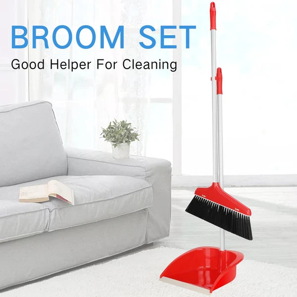 WILLBOND Set of 8 Broom and Dustpan Set Long Handle Broom with Upright Standing