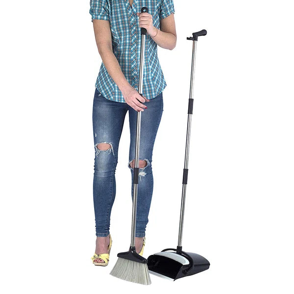 Rotatable Broom and Dust Pan Cleaning Set Dustpan Combo Upright Stand Up Black