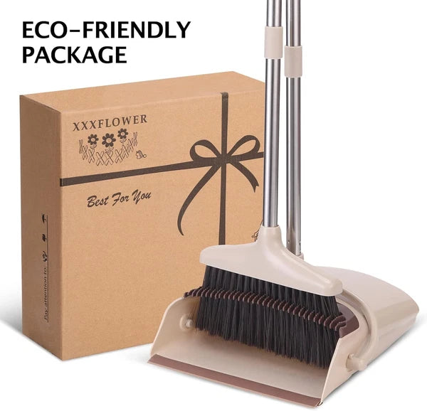 Broom and Dustpan Set with Long Handle, Light Weight Stainless Steel Poles
