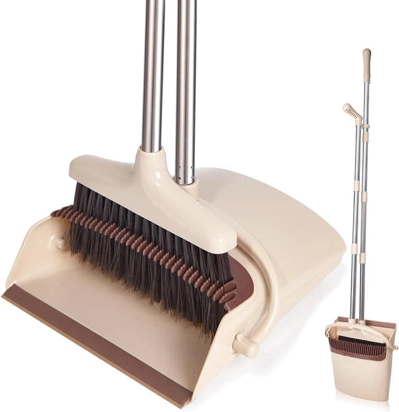 Broom and Dustpan Set with Long Handle, Light Weight Stainless Steel Poles