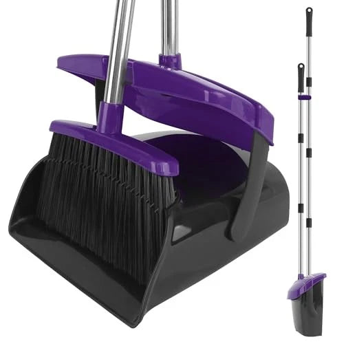 Broom and Dustpan Set, 51" Long Handle Broom with Dustpan Combo Set, Purple