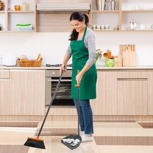 Long Handle Broom with Dustpan Combo Set for Office Home Kitchen Lobby Orange