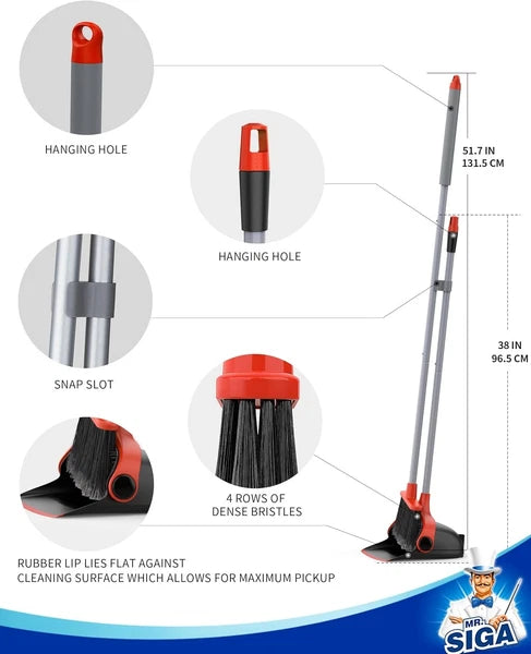 Broom and Dustpan Set with Adjustable Long Handle, Upright Combo for Floor