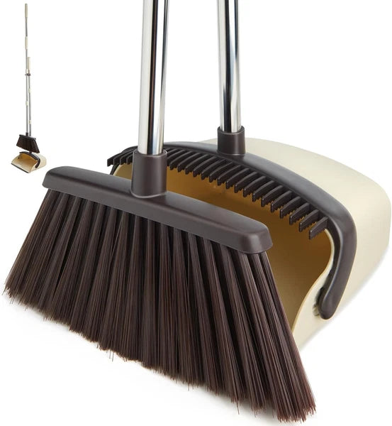 Broom and Dustpan Set Long Handle Heavy Duty Home Kitchen Office Pet Hair Beige