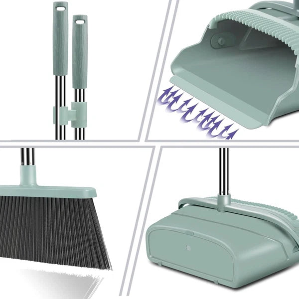 Stand-Up Broom and Dustpan Set: Adjustable, Compact & Easy Hair Cleaning - Green
