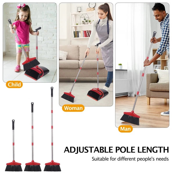 Broom and Dustpan Set with Long Handle Light Weight Stainless Steel Poles Stand