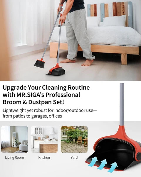 Broom and Dustpan Set with Adjustable Long Handle, Upright Combo for Floor