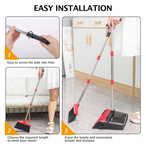 Broom and Dustpan Set with Long Handle Light Weight Stainless Steel Poles Stand