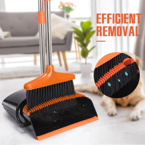 Broom and Dustpan Set with Long Handle Stainless Steel Poles Black/Orange