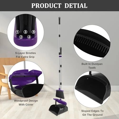 Broom and Dustpan Set, 51" Long Handle Broom with Dustpan Combo Set, Purple
