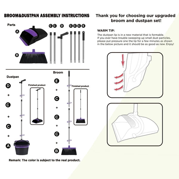 Broom and Dustpan Set, Upright Purple Broom with Dustpan Combo Set 51" Long H...