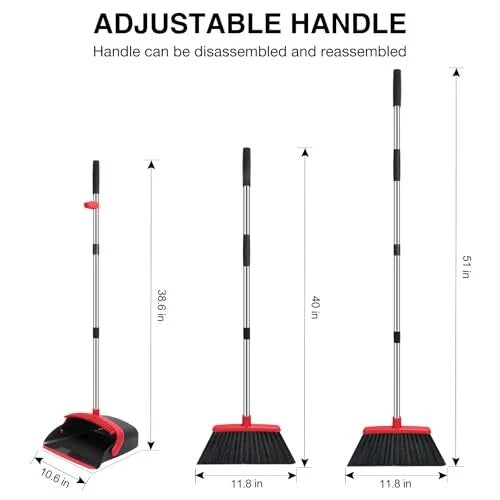 Broom and Dustpan Set, 52-in Long Adjustable Handle Broom Dustpan Combo with