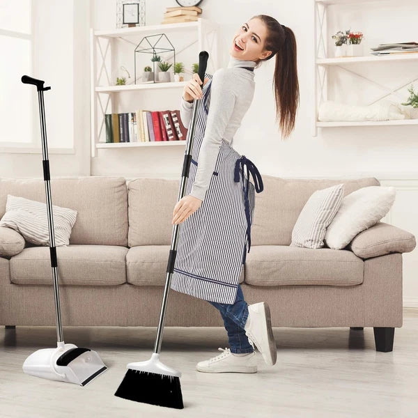 Premium Broom and Dustpan Set Standing Black White Lobby Office Home Salon Tall